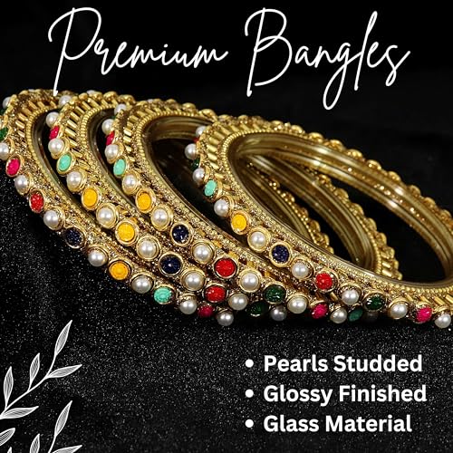 Image of NMII Glass Golden Zircon Gemstone & Colorful Beads Studded Bangles Kada Set For Women & Girls | Traditional Stylish Kangan | Bangles For Women Glass | Wedding, Party, Occasion Wear Bangle- Set of 4