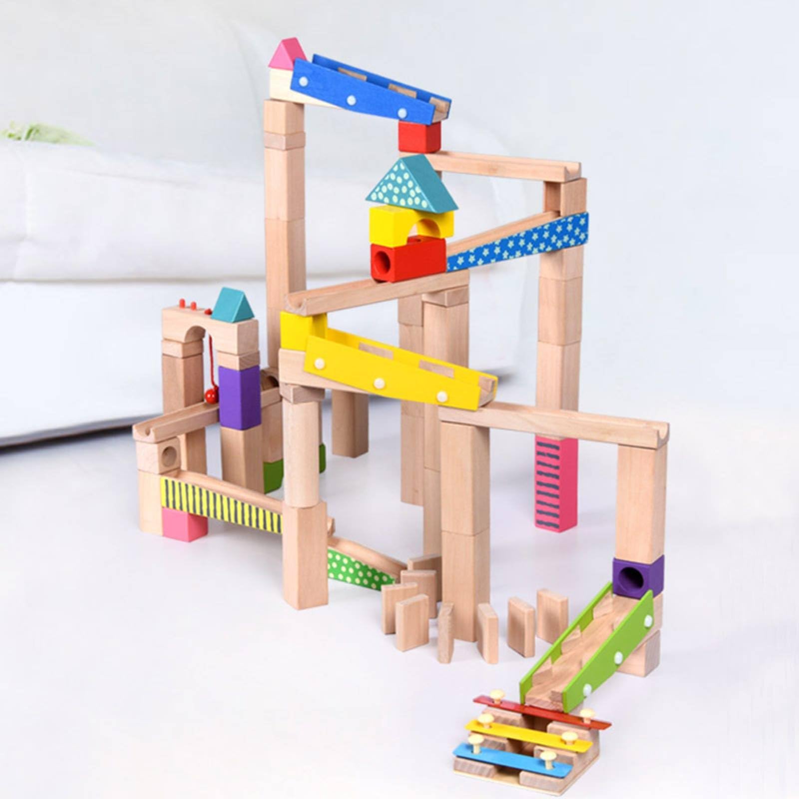 Kinder Bausteine Holz Murmelbahn Set Baukasten Kugelbahn Murmelrennbahn aus Buchenholz mit Wasserbasiertem Anstrich Stärkt Räumliche Wahrnehmung Teamspiel für Vorschulkinder Zuhause
