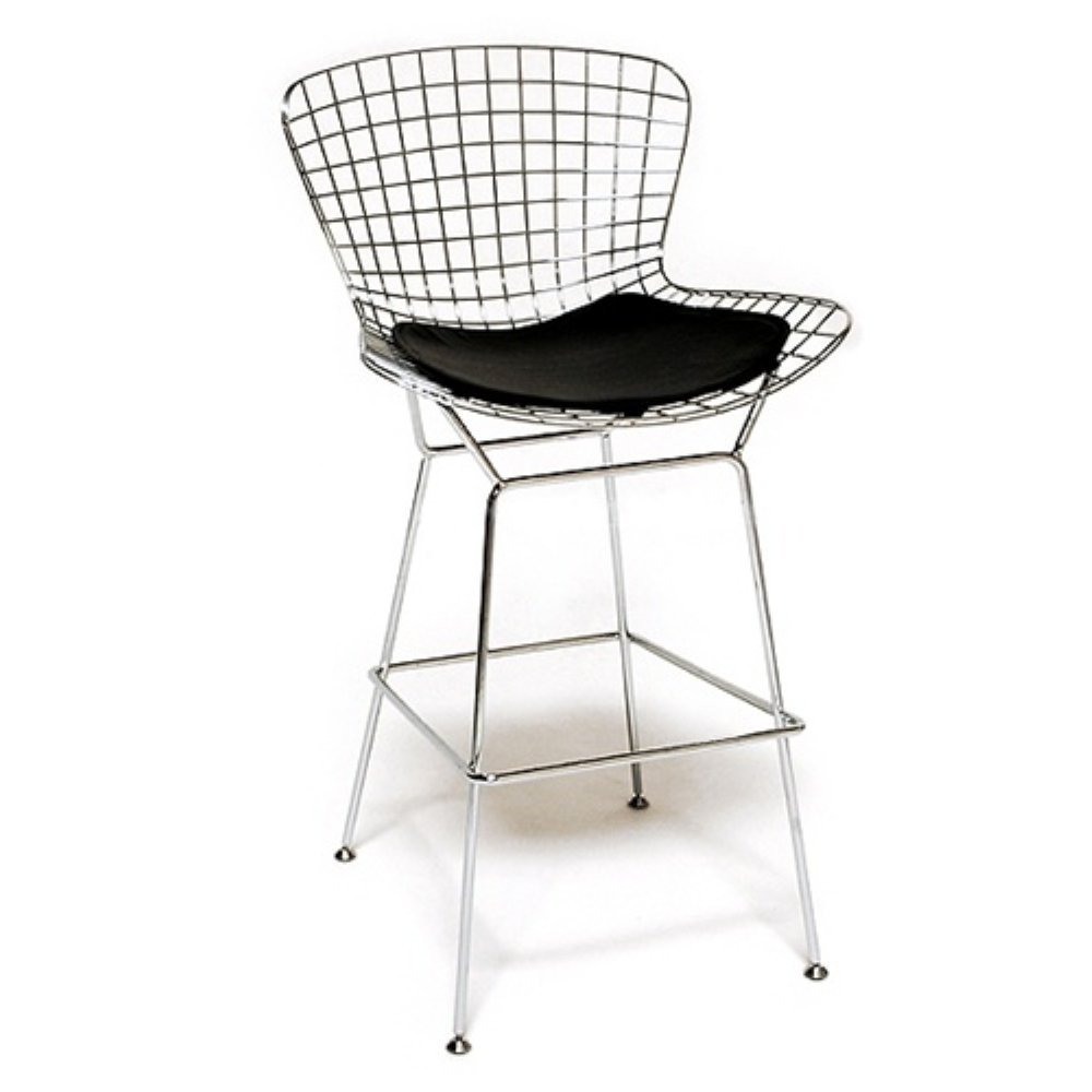 OCC Set of 2-Harry Bertoia Chromed Steel Wire Frame Bar Height Barstool with Leatherette PU Pad