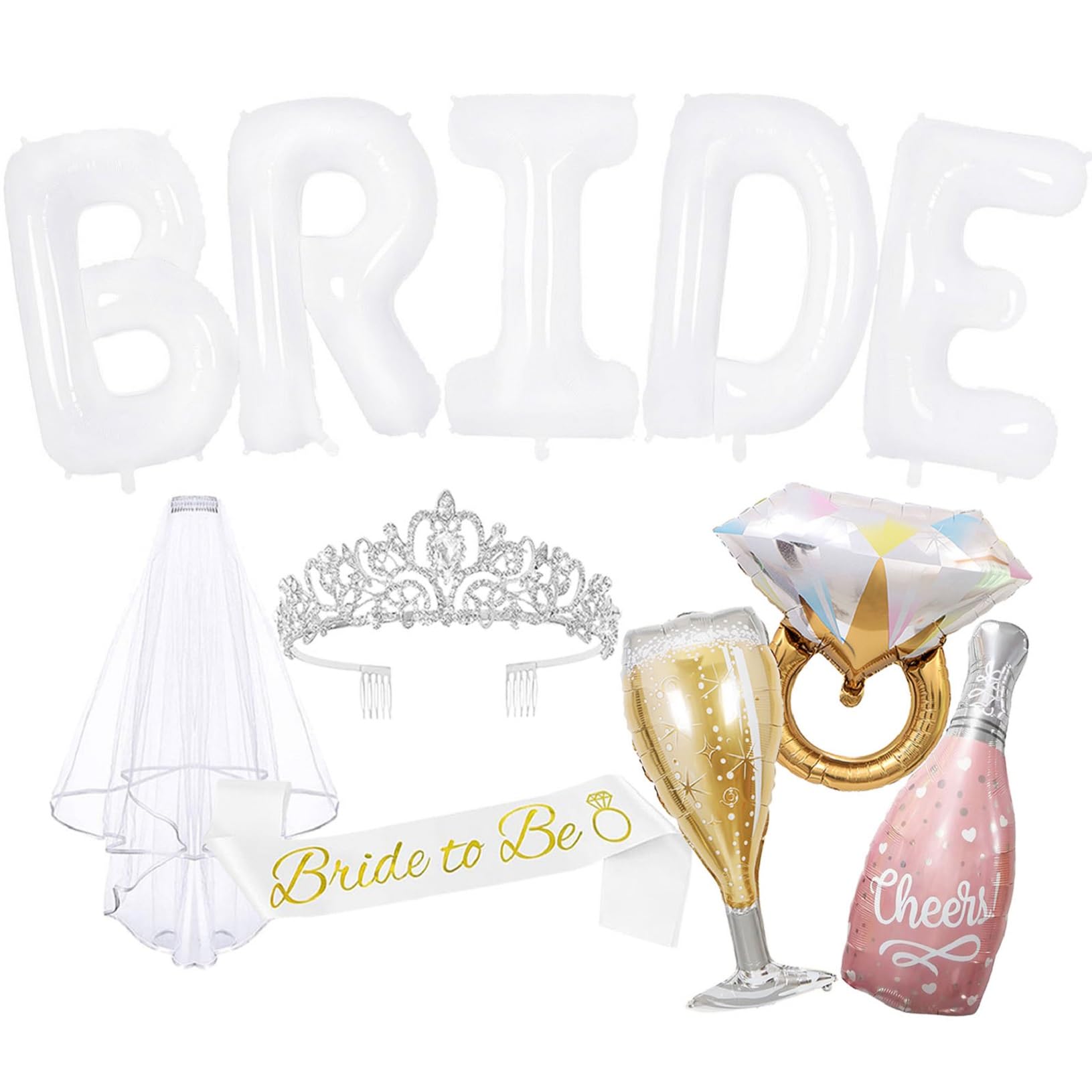 40 Inch BRIDE Balloons Bride Party Favors Tiara Sash Veil Ring Bottle Glass Foil Balloon Bachelorette Decorations for Women Bridal Shower Bach Party