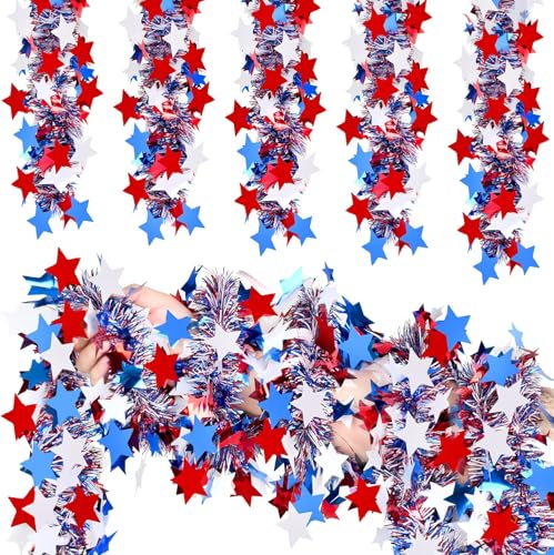 Image of 50FT 4th of July Patriotic Tinsel Garland, Glitter Tinsel Garlands with Red White Blue Star, Metallic Holiday Hanging Streamers for Memorial Day Independence Day Indoor Outdoor Party Decor