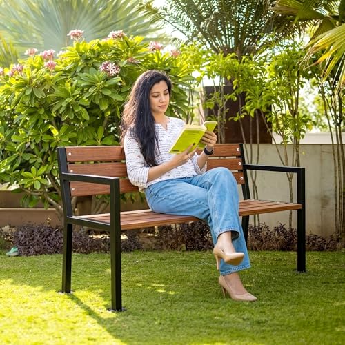 Image of BRISHI 3 Seater Metal Iron FRP Garden Bench for Indoor & Outdoor Park /Patio /Living Room /Terrace /Balcony /Office (Black + Wooden Texture)