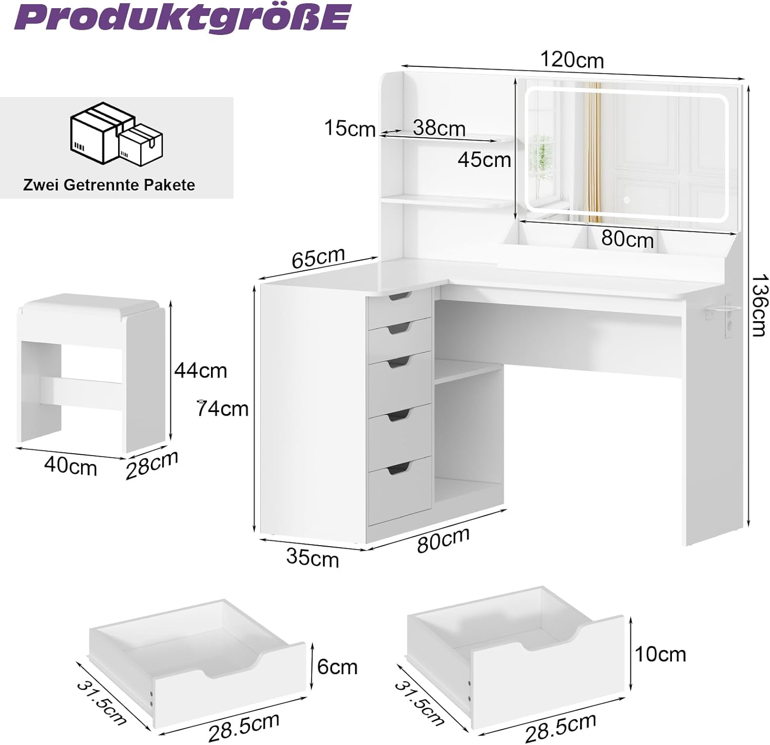 Hoek Kaptafel met LED Spiegelverlichting & Kruk - Wit