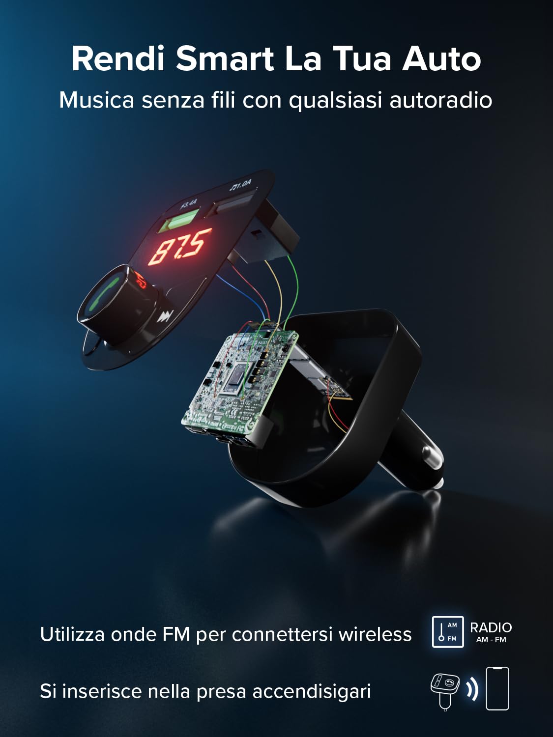 SBS Carica Batteria Auto 15W, Presa Accendisigari 12V, Ricarica Rapida | Trasmettitore FM Bluetooth, Vivavoce, MP3, Lettore Audio, Display LCD, Comandi Integrati, Ingresso MicroSD, Nero