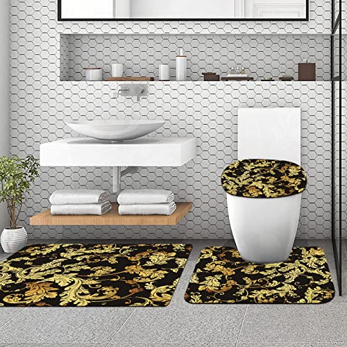 URSOPET Badteppich-Set 3-teilige, rutschfeste,Barocker Luxus-Goldener Blumendamast-Renaissance-Venezianer,rutschfeste… – Bild 4