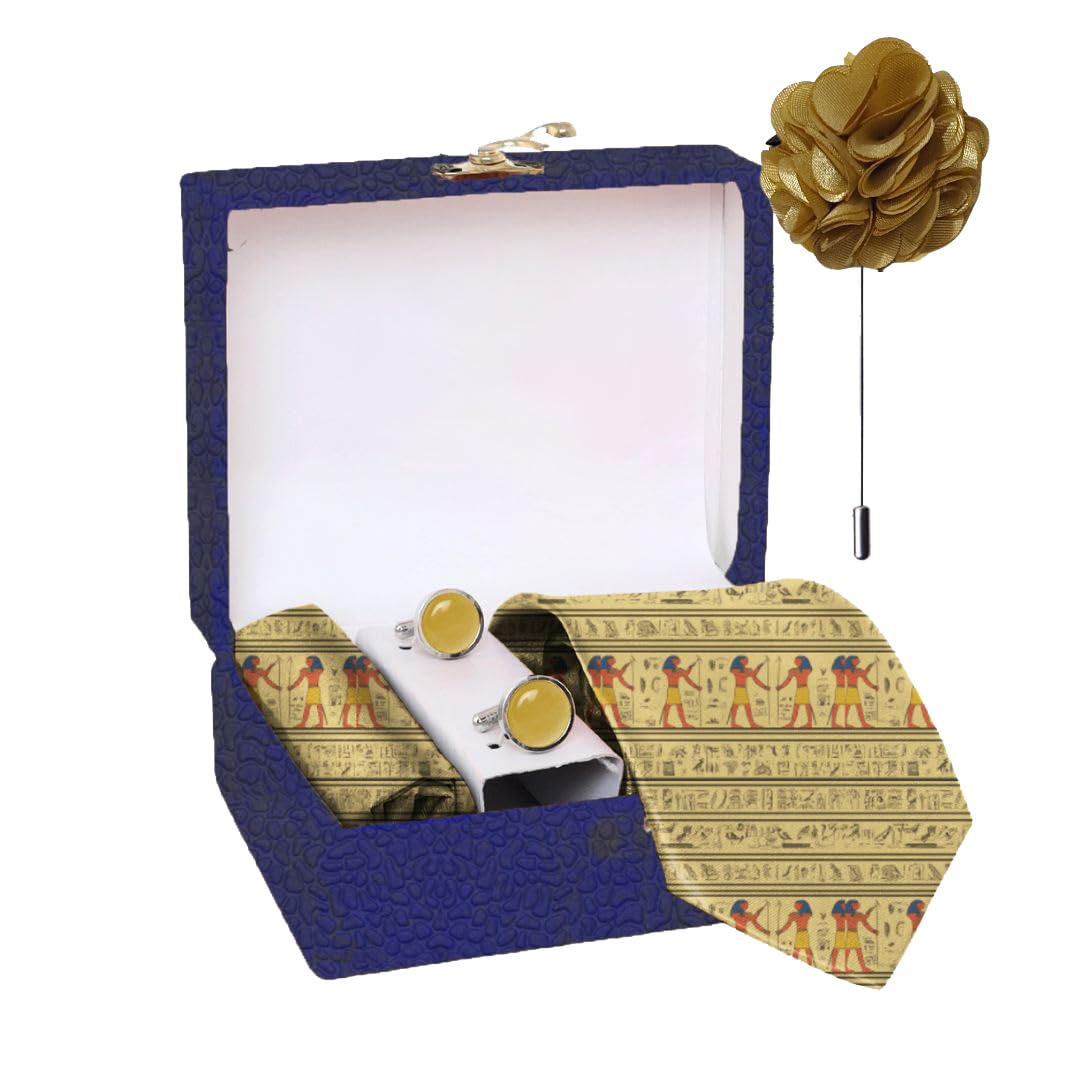 blacksmith Ancient Art Printed Tie and Pocket Square Set with Cufflink and Matching Flower Lapel Pin-picture-45