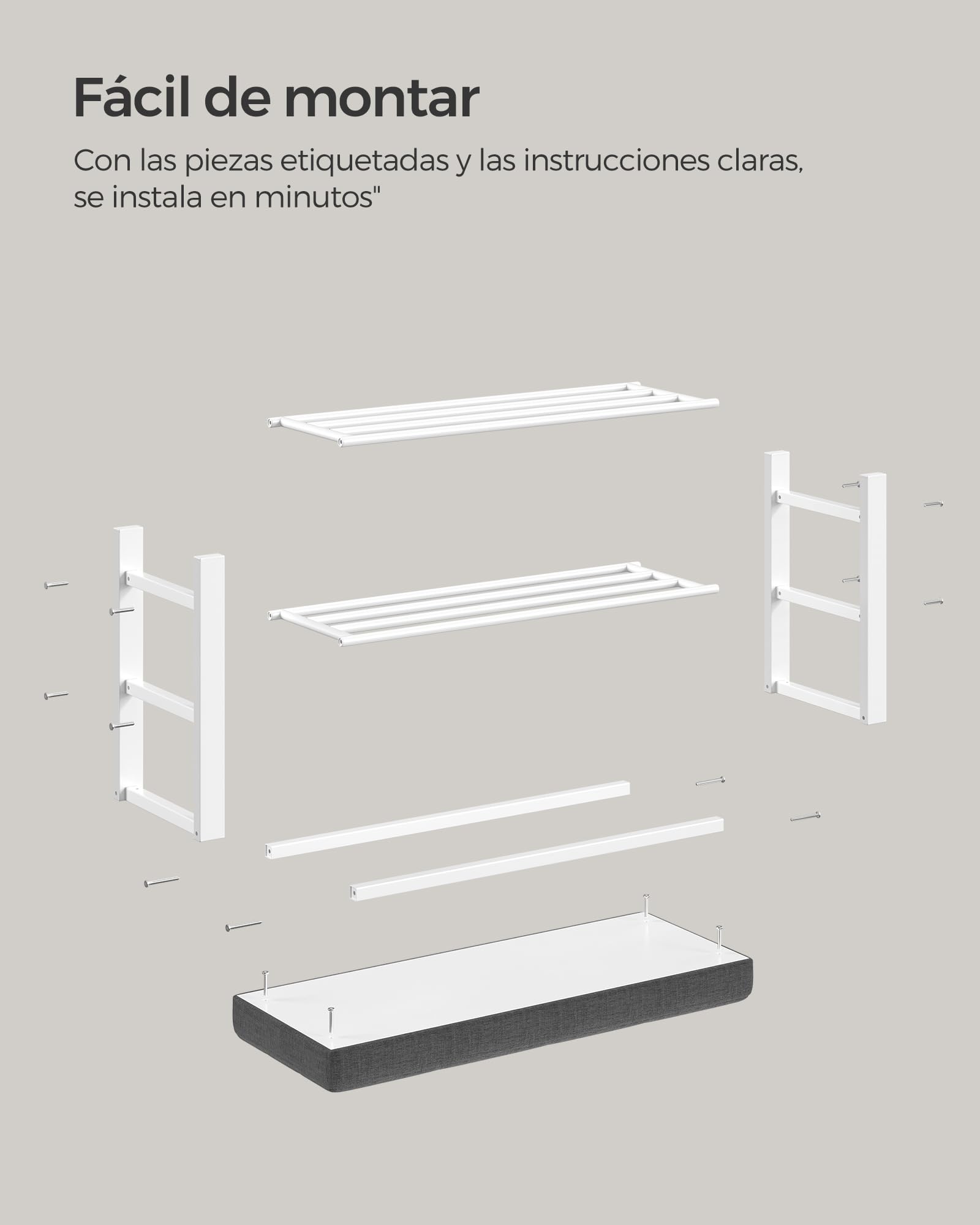 SONGMICS Banco Zapatero, Zapatero de 3 Niveles, Organizador Zapatos con Asiento Acolchado de Espuma, Lino, Marco de Metal, para Sala de Estar, Pasillo, 31 x 81 x 49 cm, Blanco y Gris LBS057W03