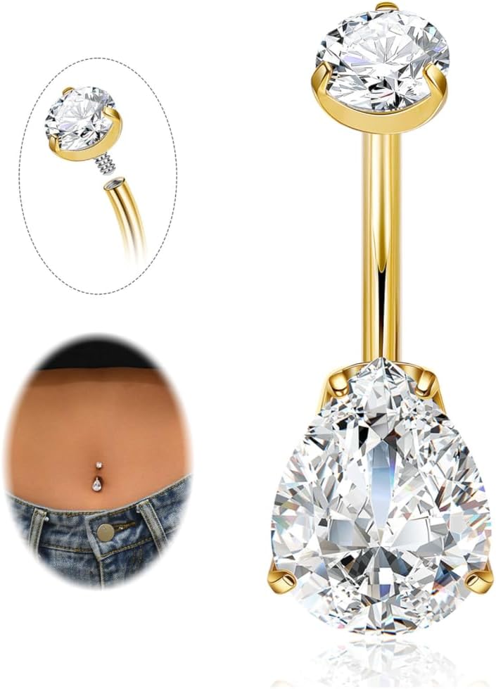 14G G23 Pure Titanium Belly Button Ring for Women Internally Threaded Belly Ring Teardrop Navel Ring CZ Belly Button Piercing Jewelry 10MM