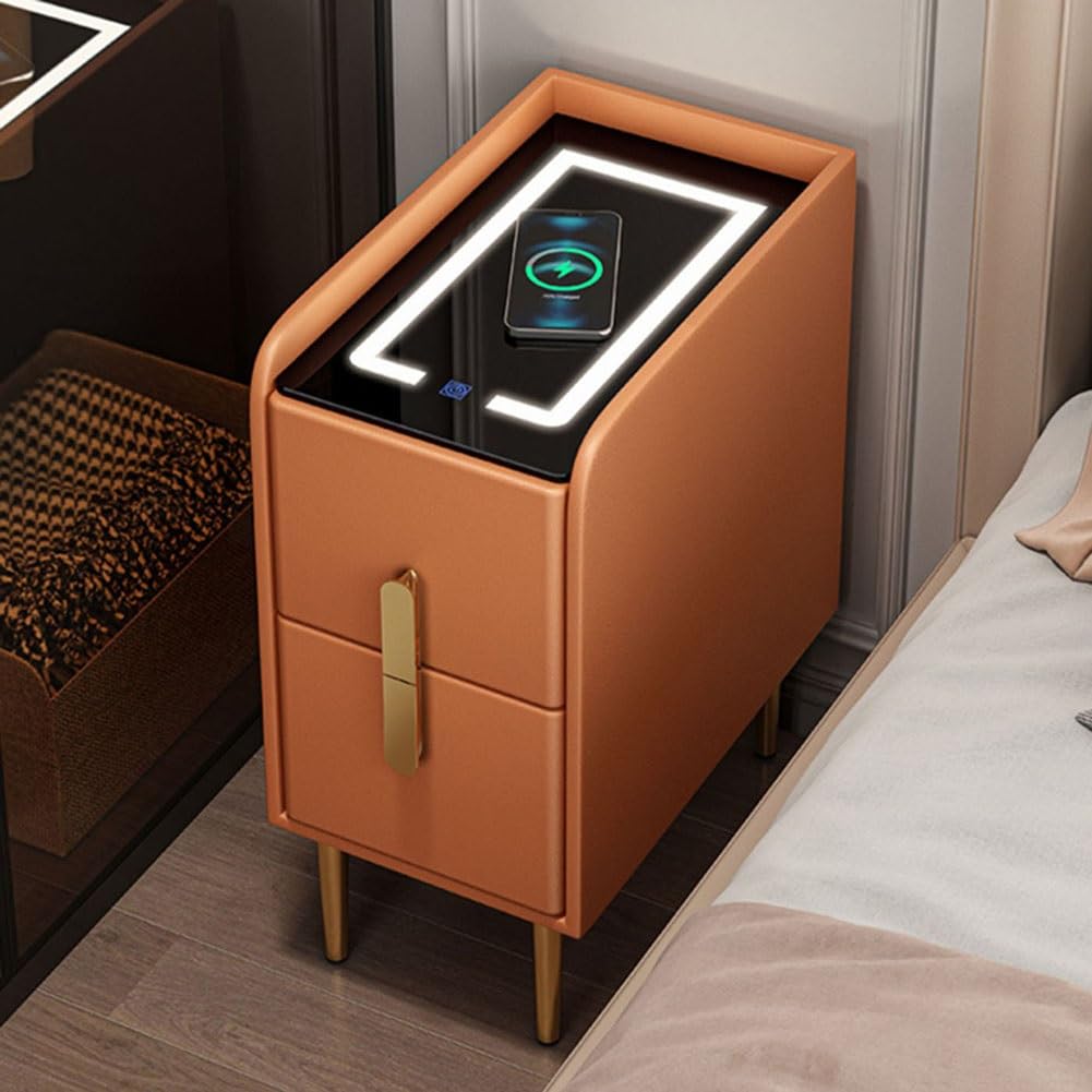 ASerZenith End Side Table With Led Lights, Smart Nightstand With Charging Station, Bedside Tables,A-25X40X50Cm