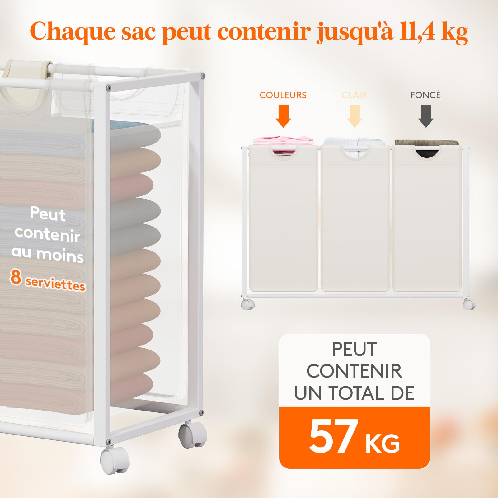 Lifewit Panier a Linge 3 Compartiments Roulettes 135L, Meuble Linge Sale Grande avec 2 Tiroirs et 3 Sac à Linge en Tissu Oxford, Bac à Linge pour Buanderie, Chambres, Salles de Bains, Blanc et beige