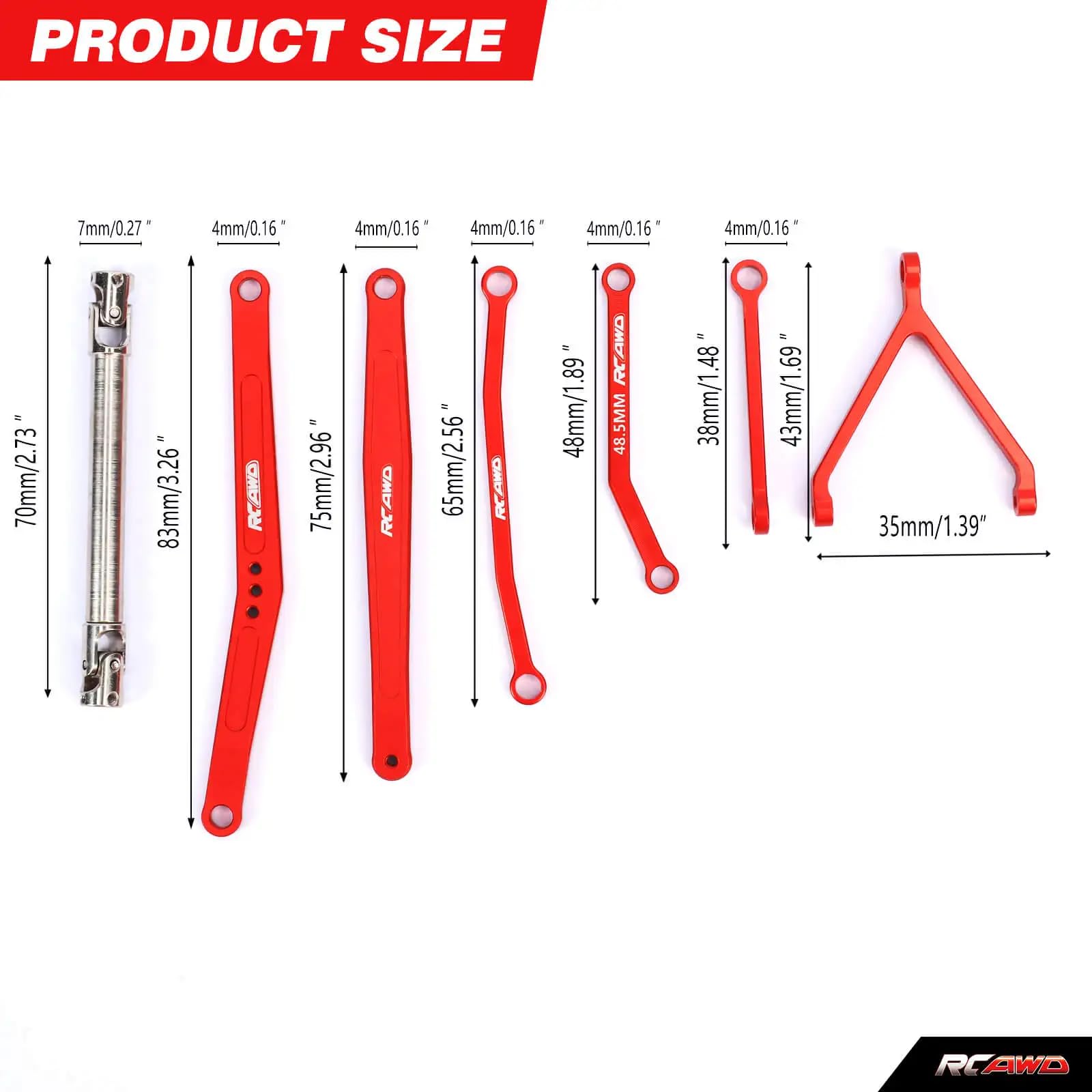 RCAWD Alloy Rear Axle Extended Link Set 35mm Extended Upper/Lower Linkage 70mm CVD Center Drive Shaft for 1/24 FMS FCX24 Upgrade Parts (Red) - Image 4