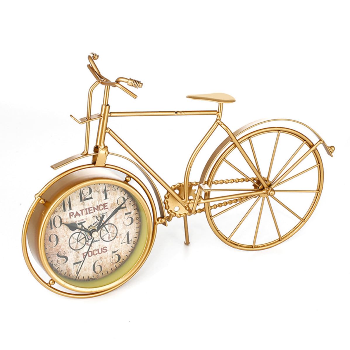 Reloj de escritorio con forma de bicicleta dorada de hierro silencioso