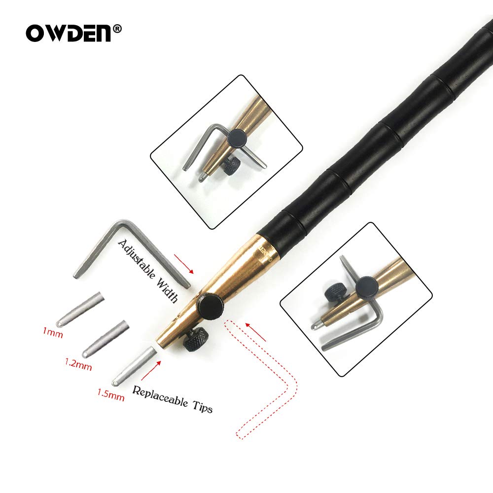 OWDEN Profesjonalne narzędzie skórzane, 3 w 1, regulowane narzędzie do rowkowania, 3 końcówki rozmiaru (1,0 mm, 1,2 mm, 1,5 mm)