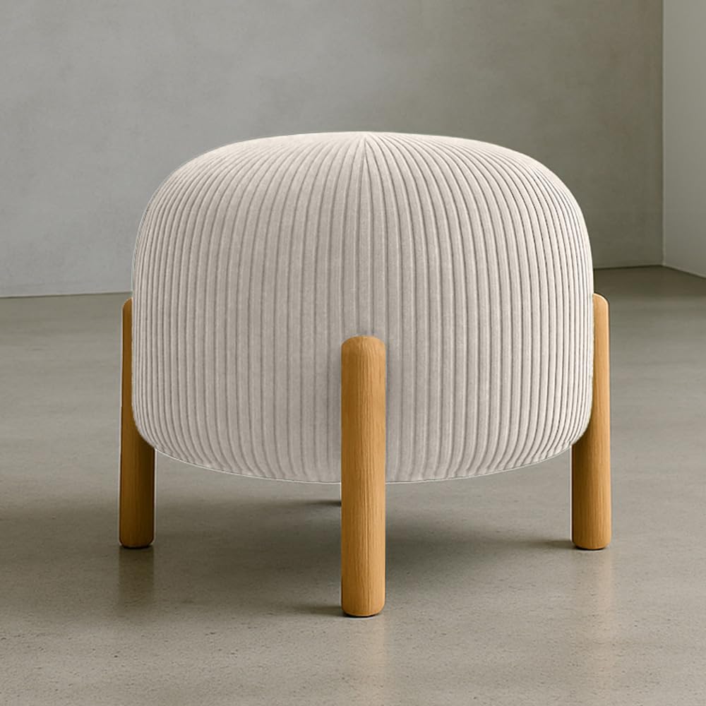 Pouf rotondo imbottito in velluto a coste con gambe in legno naturale - Marrakesh Avorio