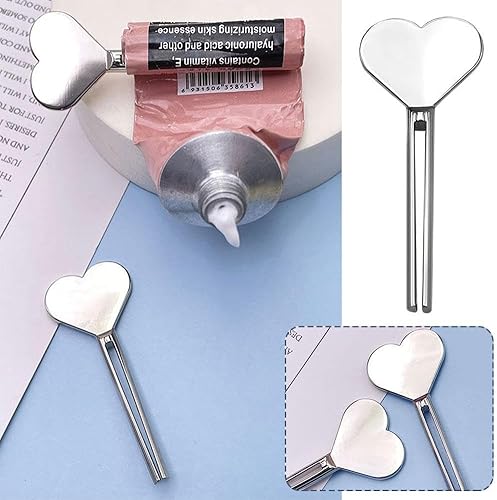 Miniatura 3 de DTREEL Exprimidor de pasta de dientes de metal, exprimidor de tubo en forma de corazón, tubo prensatelas, rodillo dispensador de llaves para pasta