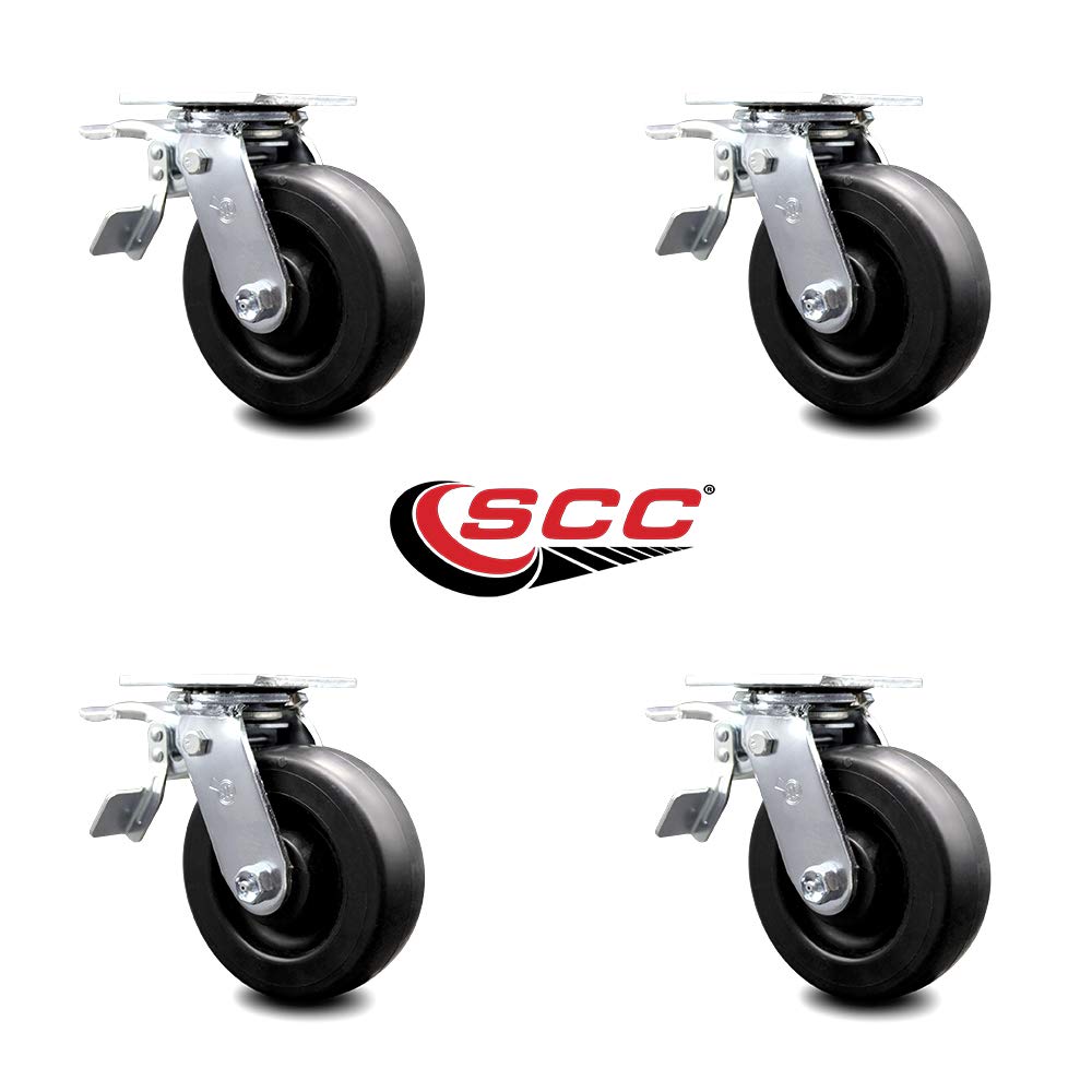 Polyolefin Swivel Top Plate Casters Set of 4 Heavy Duty with 6 Inch Wheels - Includes 4 Swivel with Total Lock Brakes – 2,800 lbs. Total Capacity - Service Caster Brand