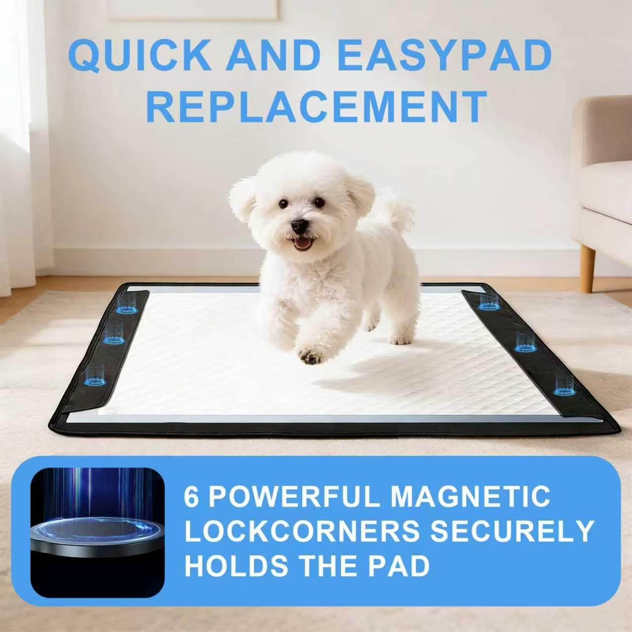 Foldable Dog Pee Pad Holder, 27"x26" Non-Slip Leak-Proof Potty Tray with 6 Magnets, Black Oxford Fabric Puppy Training Mat