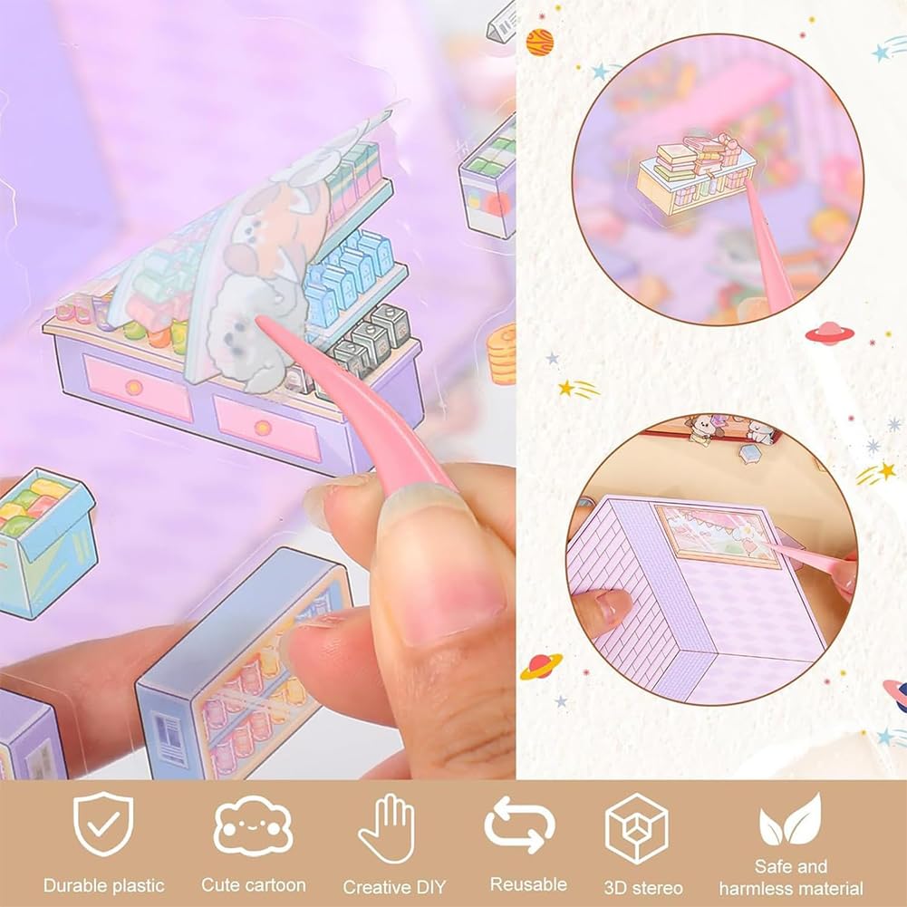 HYMBCFW Scene Sticker Book,20 Sets DIY 3D House Sticker Scene Kit,3D Creative Stickers Therapy to Relieve Stress,Creative Fun Reusable Set including Tweezers for Age 3+,Gift for Adults Kids Girls Boys - Image 3