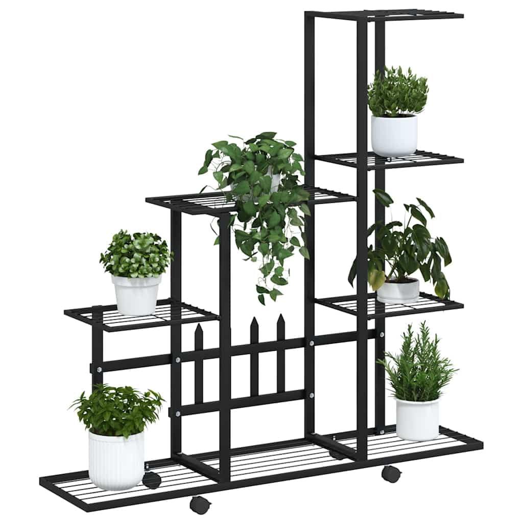 Blumenständer auf Rollen Metall schwarz 94,5x25x92,5 cm mit vier Rollen, Pflanzenständer und Blumentreppe für Balkon Terrasse Indoor, stabiles Pflanzregal als Deko Display und Aufbewahrung