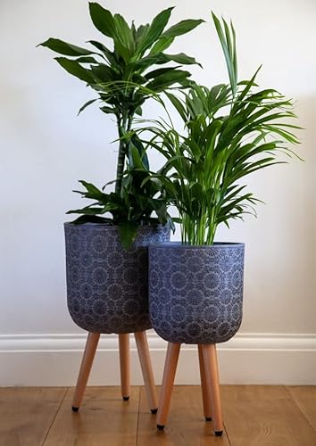 30cm Flower Patterned Planter on Legs - Dark Grey - Indoor Plant Pot Stonelite