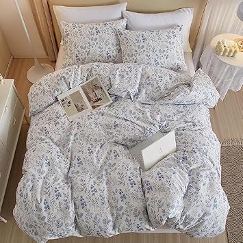 LifeTB Vintage Style Cotton Floral Duvet Cover Queen Boho Blue Floral Bedding Sets Chic Shabby Aesthetic Floral Comforter Cover Soft Botanical Bedding Sets 1 Queen Duvet Cover 2 Pillow Shams