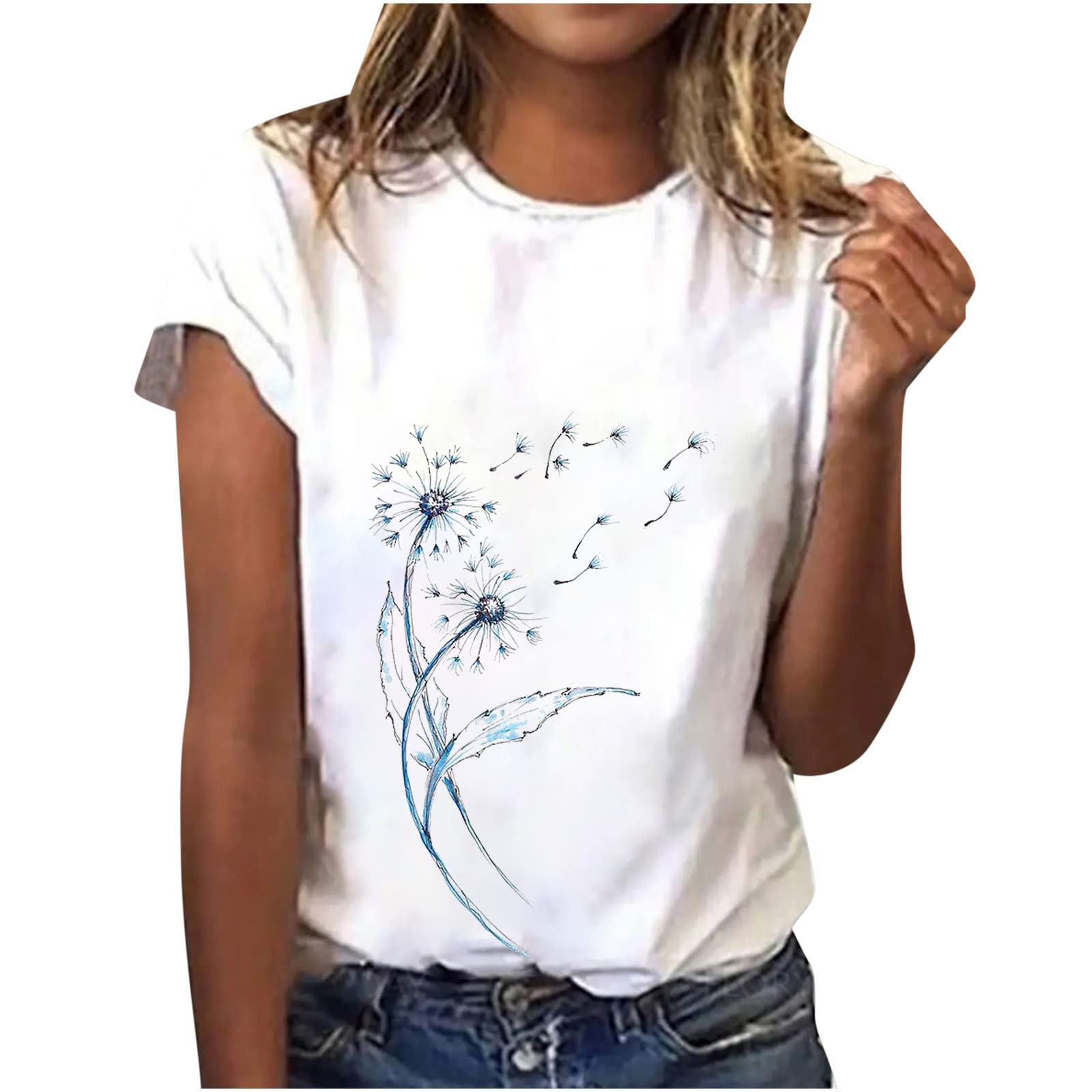 NUSGEAR Camiseta Manga Corta Mujer Verano 2023 Moda Impresión Floral Basic Camisa Blusa Cuello Redondo Camiseta Elegant Suelto Tops Casual Fiesta Cómodo T-Shirt Original tee Playa
