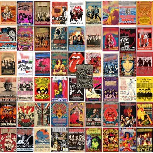 AVERAMO 56 Pcs Vintage Rock Band Posters Wall Collage Kit (4x6 Inch) 300 GSM Matte Finish with Glue Dots