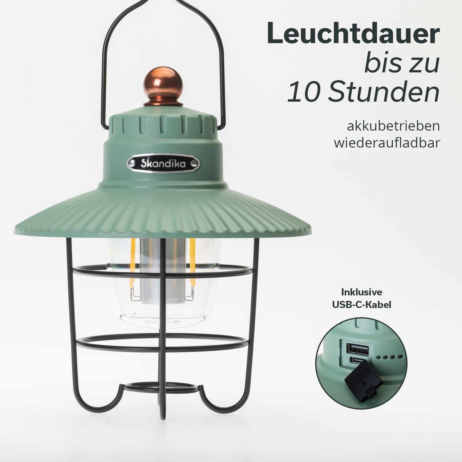 Skandika Soroya Lampada da campeggio a LED in stile retrò | Colore della luce regolabile, dimmerabile, batteria da 2000 mAh, 500 lumen | Ideale per il campeggio, il giardino(verde)