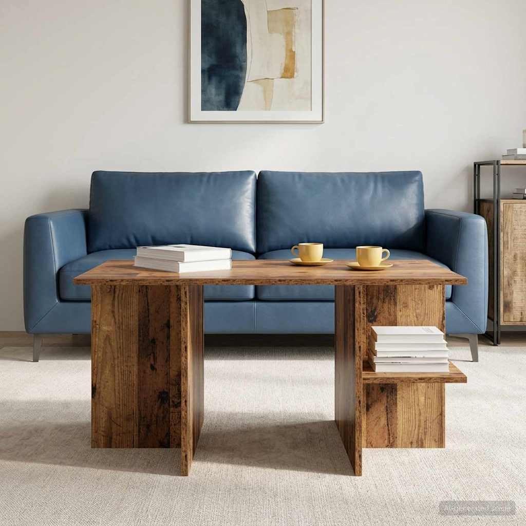 Table basse en bois vieilli 87x50x45 cm avec grand rangement et étagère de salon