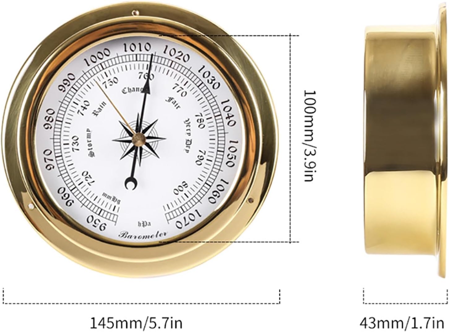 Barometer Thermometer Hygrometer Clock Set, 4 pcs Analog Weather Station Set, Gold