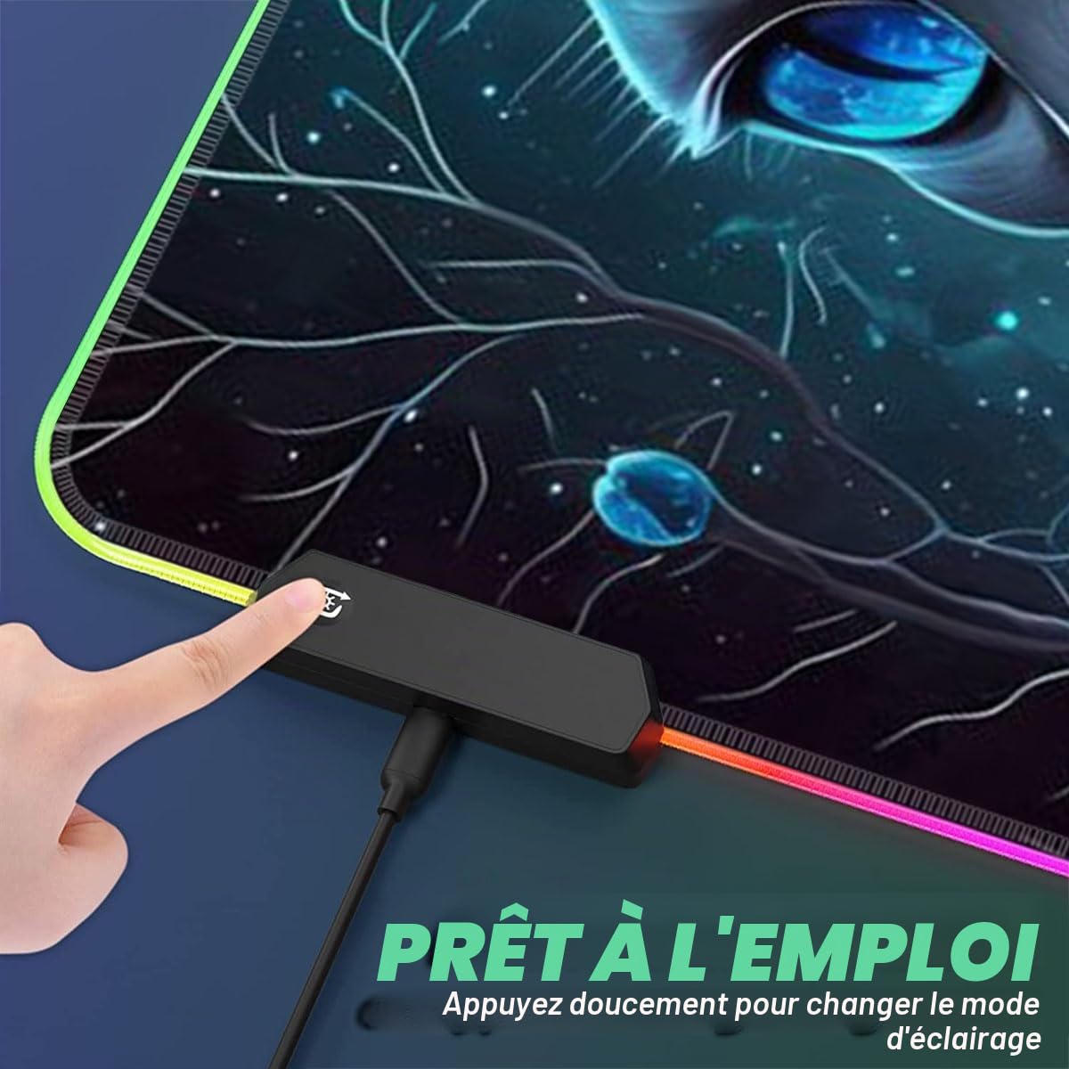 Tapis de Souris de Jeu RGB XXL Grand Tapis de Souris de Jeu LED 14 Modes d'éclairage 7 Couleurs Surface étanche Clavier étendu Tapis de Souris pour Ordinateur Gamer Chat Siamois 40 x 90 cm