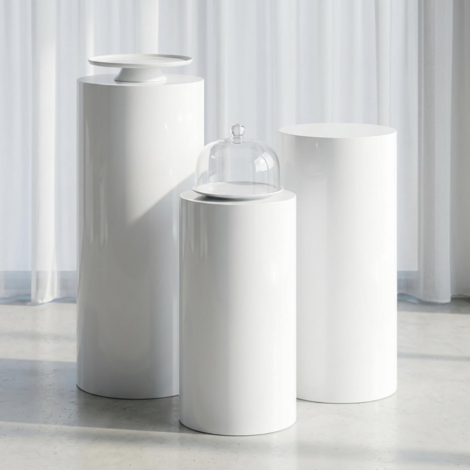3 Pezzi Espositore Cilindrico Moderno | Bianco, Piedistalli Cilindrici Bianchi, Impilabile, per Vetrine