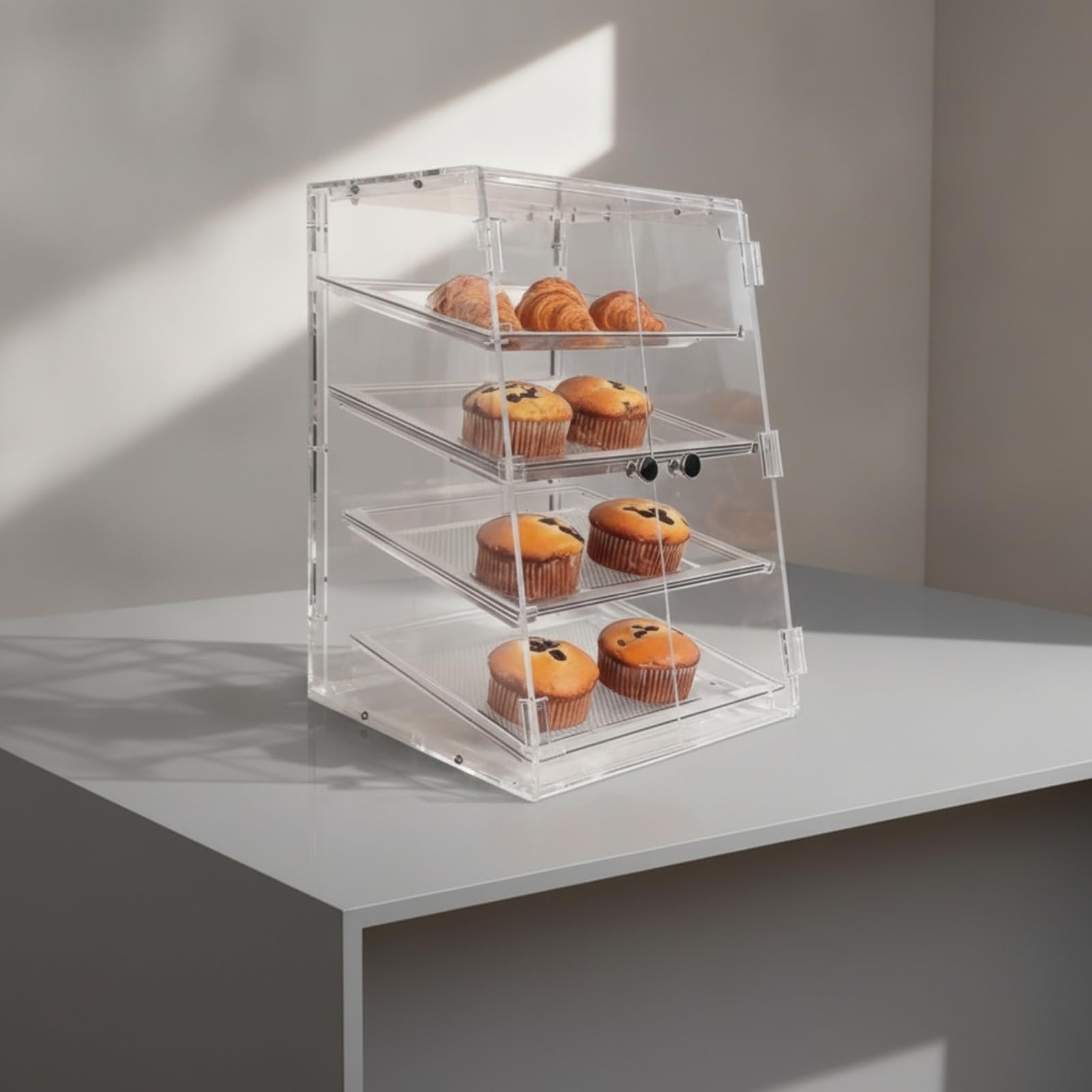 Armario Expositor Acrílico con Estantes Moderno Vitrina Acrílico Transparente Compacto Mostrador Exhibición para Panaderías