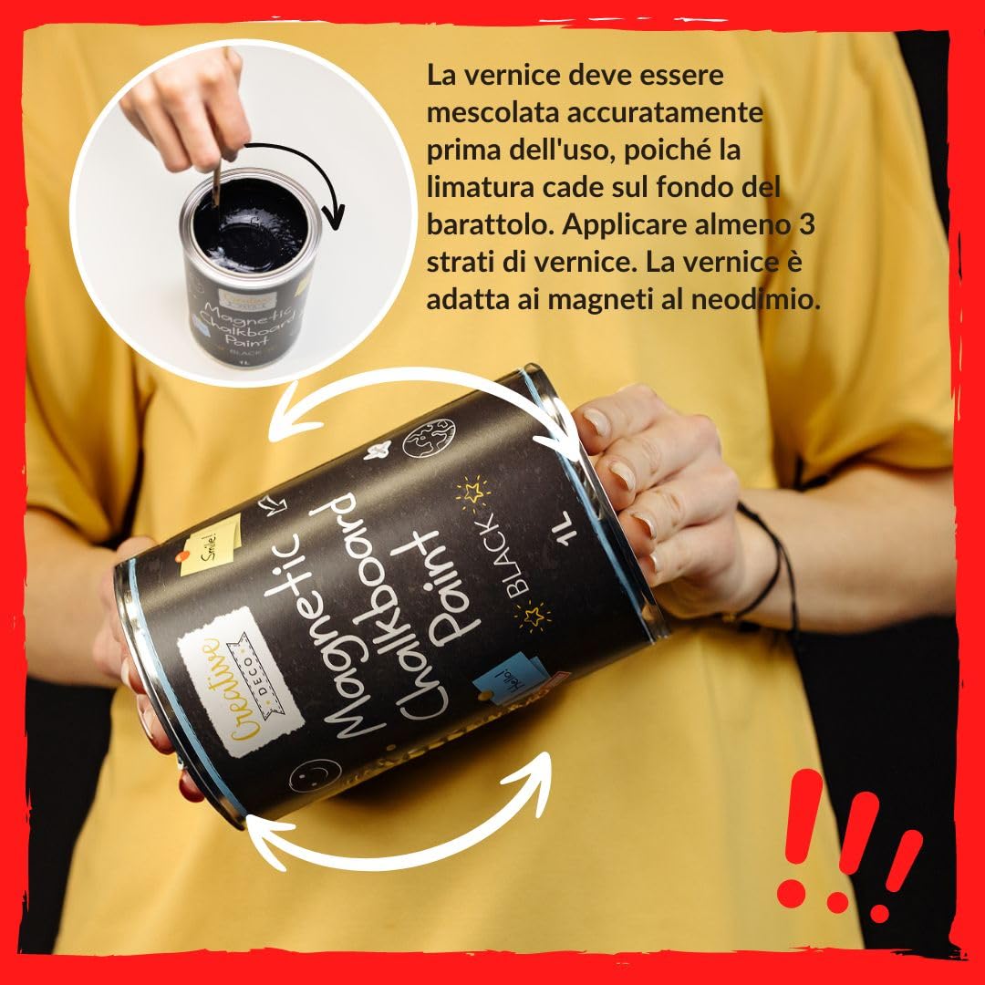 Creative Deco Vernice Lavagna Magnetica a Gesso Nera | 1L | Pittura Opaca per Pareti Legno Metallo | Efficienza 2m² con 3 Strati | A Base d'Acqua | Con Polvere Metallica | Adatta per Fissare Magneti