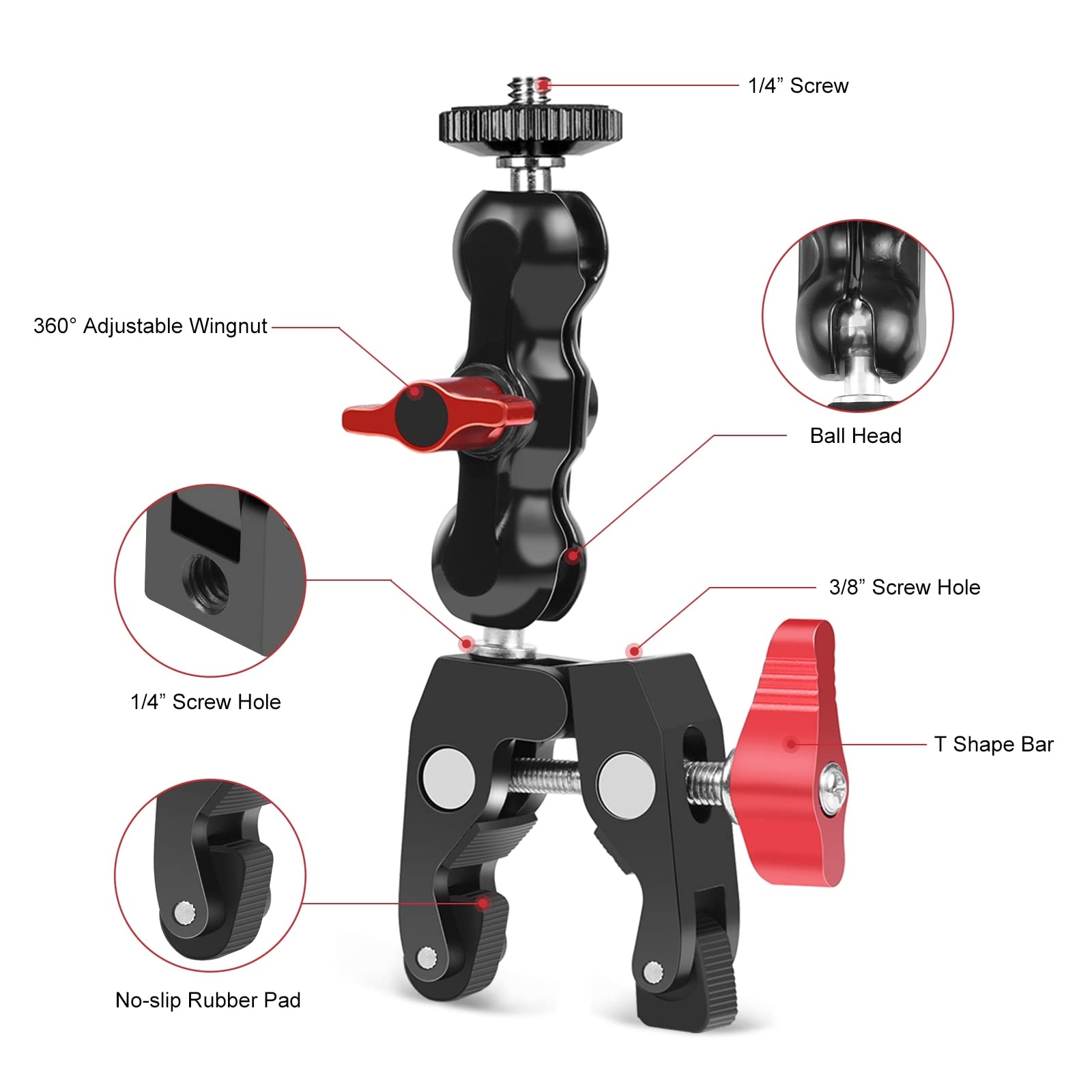 Brazo mágico universal para cámaras DSLR, cabeza de bola doble con adaptador de zapata fría y tornillo de 1/4 pulgadas, construcción de aleación de aluminio