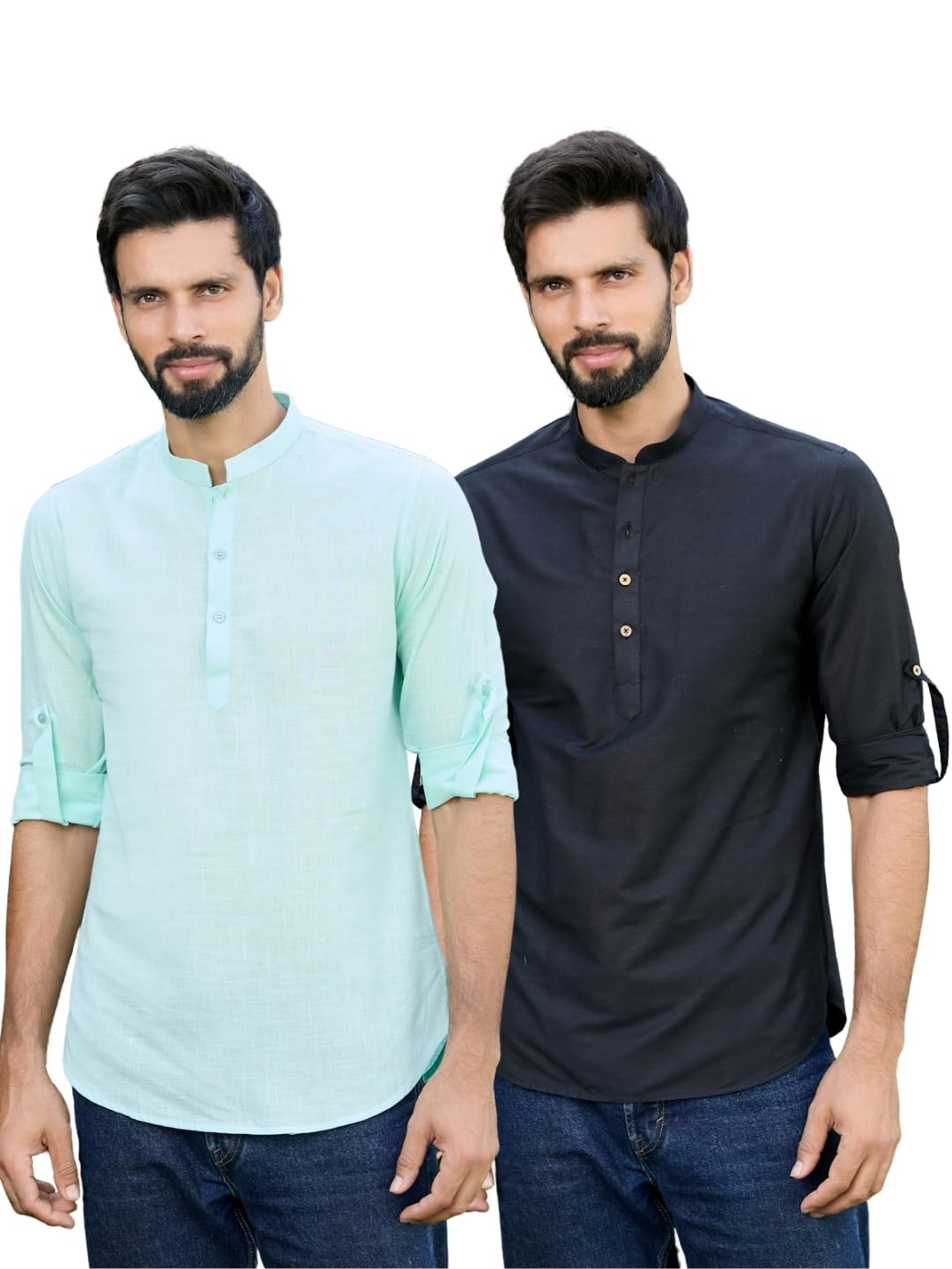 see designs Men's Roll-Up Sleeve Mandarin Collar Deluxe Cotton Solid Short Kurta (Pack of 2) - Festive Collection-picture-27
