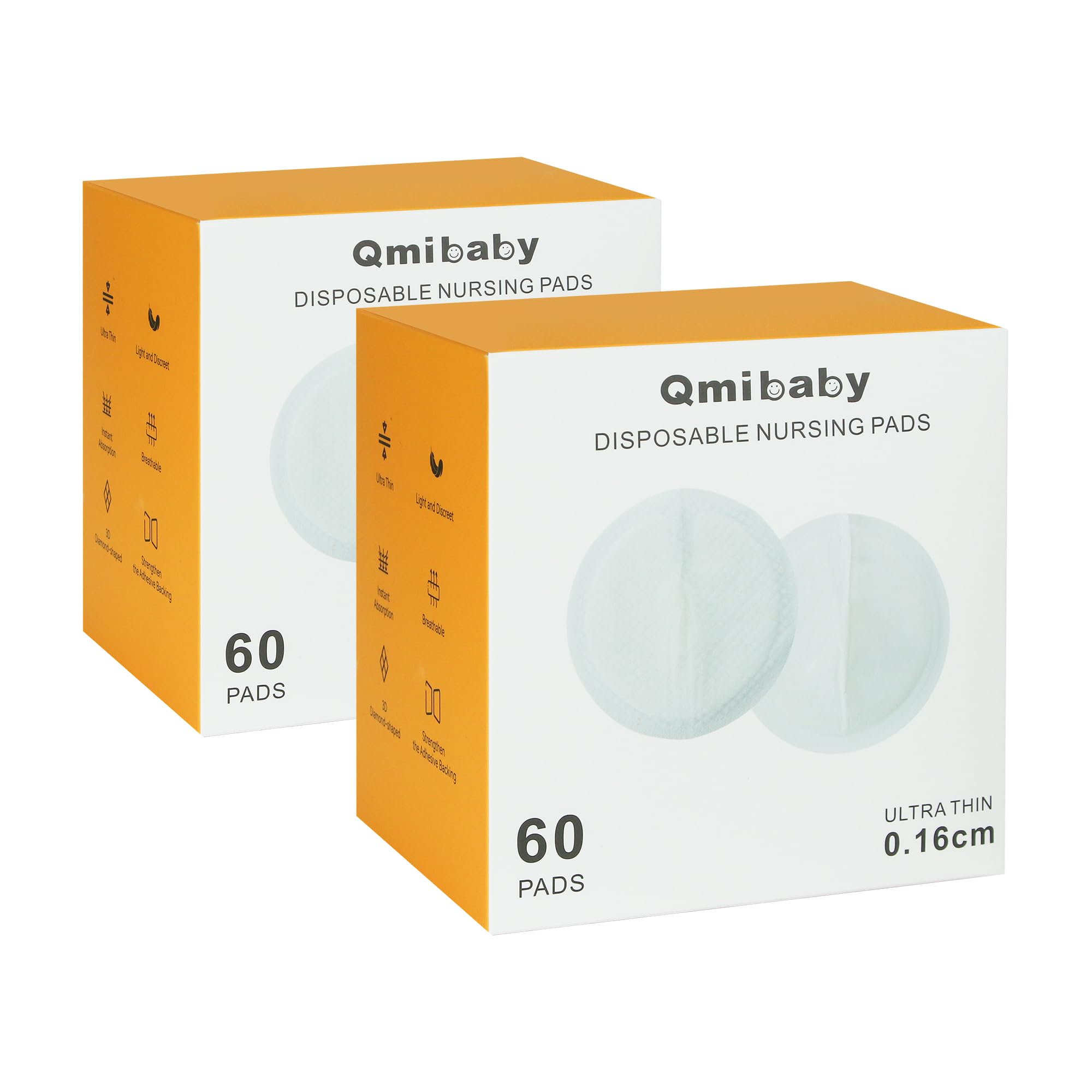 Qmibaby Disposable Nursing Pads, 6-Layer Super Absorbent Breathable Breastfeeding Pads, Ultra-Thin 3D Contour, Leakproof & Hypoallergenic, Individually Wrapped (60 Count) (120 Count)