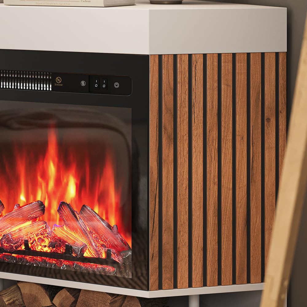 Vicco Caminetto elettrico "Lynea", Bianco, 100 cm con effetto fiamma realistico e riscaldatore da 1800W, installabile a parete con telecomando e temperatura regolabile