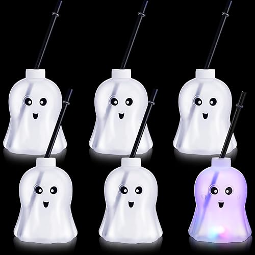 Miniatura 1 de Zubebe 6 tazas con forma de fantasma de Halloween que brillan en la oscuridad con tapa de pajilla, 3 modos de luz coloridos, reutilizables,