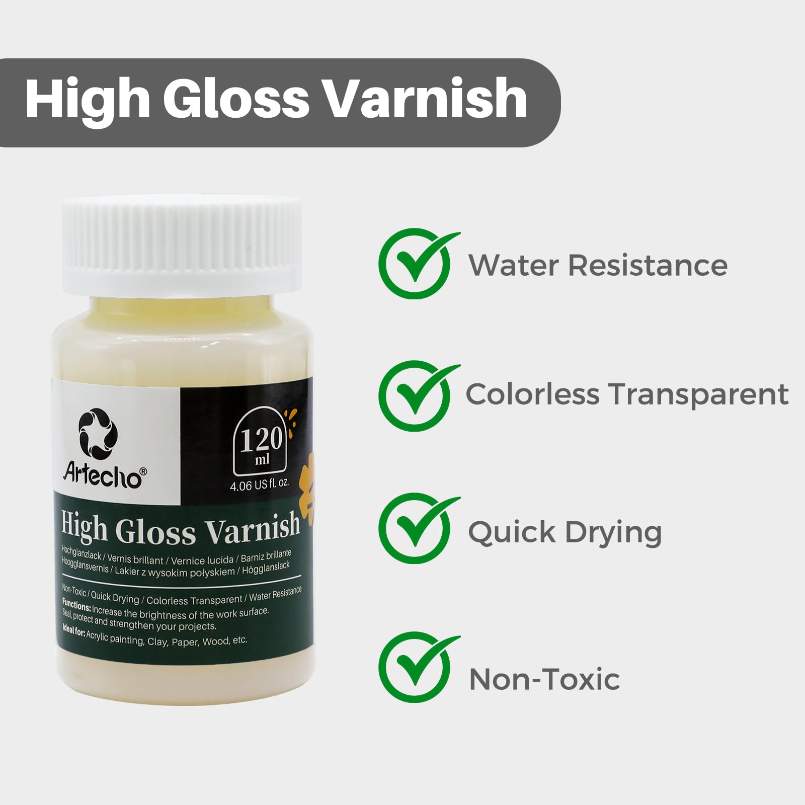 Artecho High Gloss Varnish 4oz / 120ml for Acrylic Painting, Wood, Clay, Canvas