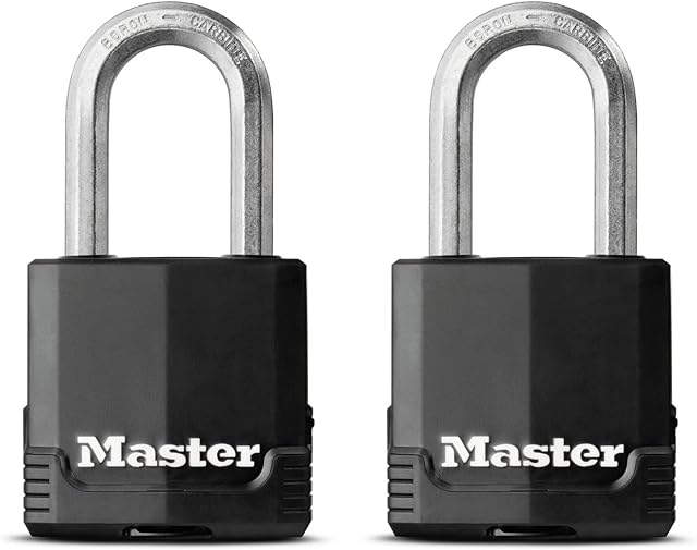 MASTER LOCK Heavy Duty Padlock [Key] [Covered Laminated Steel] [Weatherproof and Rustproof] [Medium Shackle] [Pack of 2] M115EURTLF - Best Used for Storage Units, Sheds, Garages, Fences