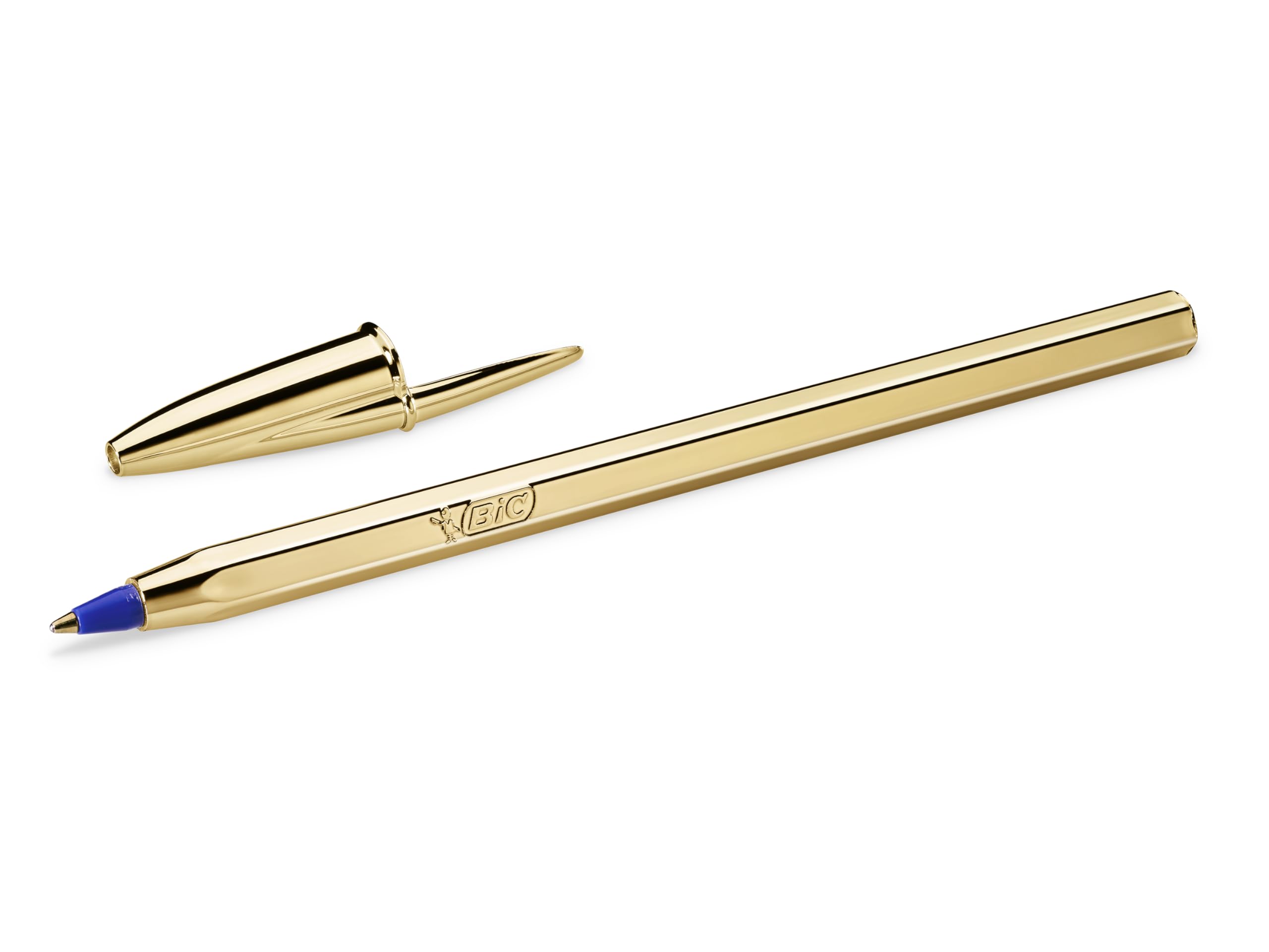 BIC Cristal Original Shine - Stylo-Bille Pointe Moyenne (1,0 mm) Corps Doré - Écriture Fluide et Élégante à Encre Bleue, Boîte de 20