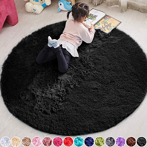 PAGISOFE 5x5 Area Rug Round Black Rug Circle Rugs for Kids Bedroom Fluffy Carpets and Shaggy Rugs Small Teepee Furry Mat Comfy Reading Rug Circular Rug 5x5 Rugs for Girls Boys Room