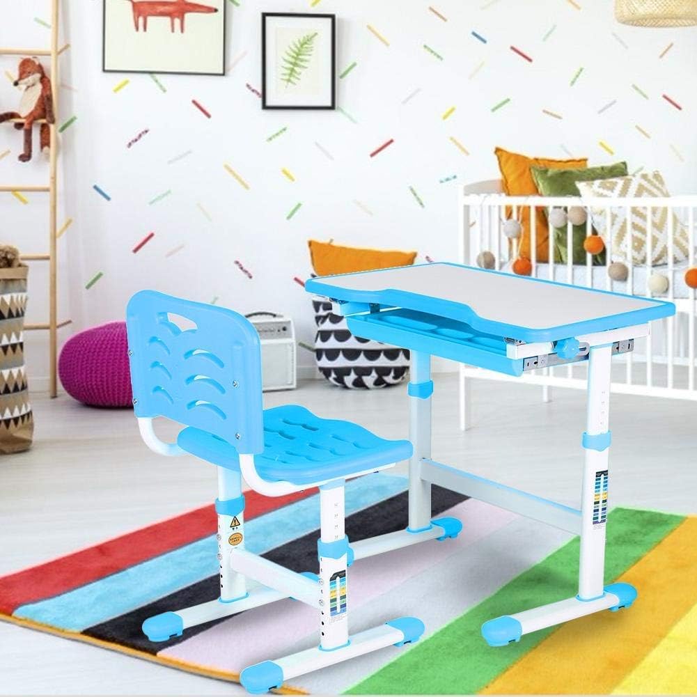 70% Off Discount Kids Desk and Chair Set, Height Adjustable Ergonomic Children's School Workstation Children's Study Desk Tables and Chairs Set Kids Study Homework Desk Chair Children Activity Art Table Set (Blue)