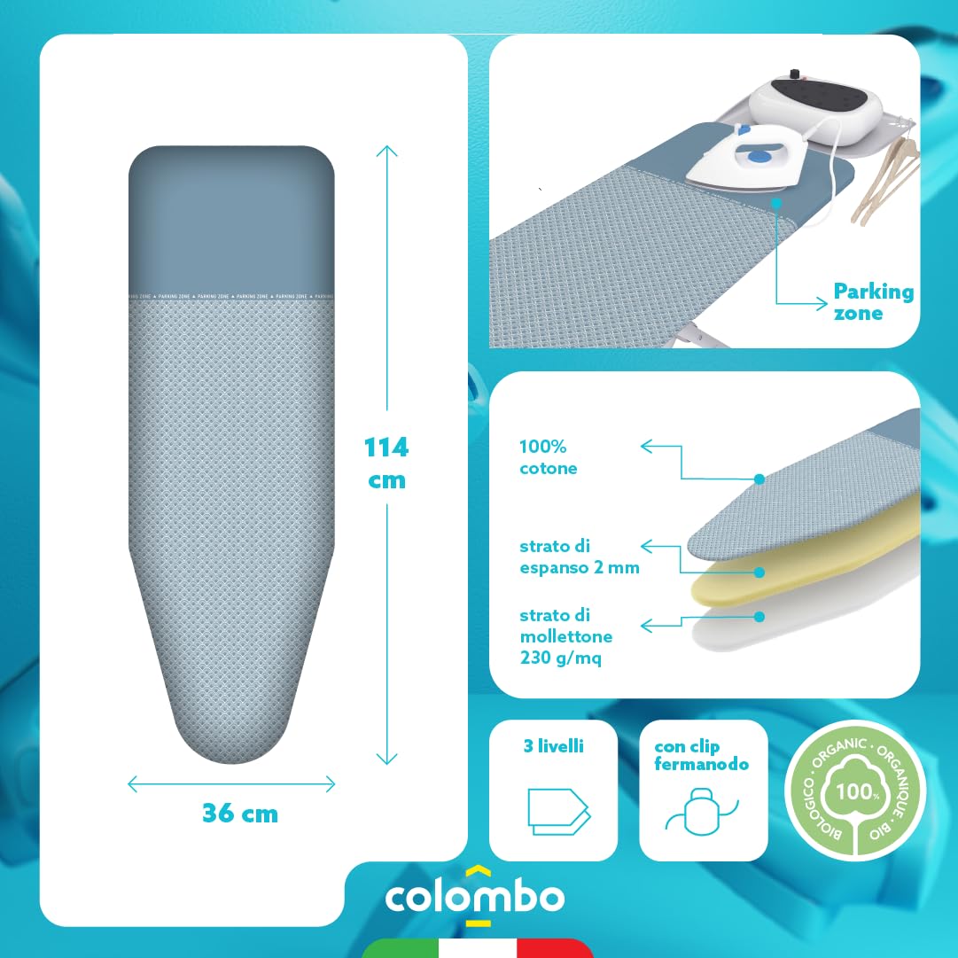 Colombo Asse da Stiro Solid Jr 114x36cm con Poggiaferro Rinforzato | Asse da Stiro Pieghevole Altezza Regolabile Max 90cm con Foderina in Cotone Biologico e Parking Zone Ferro da Stiro | Made in Italy