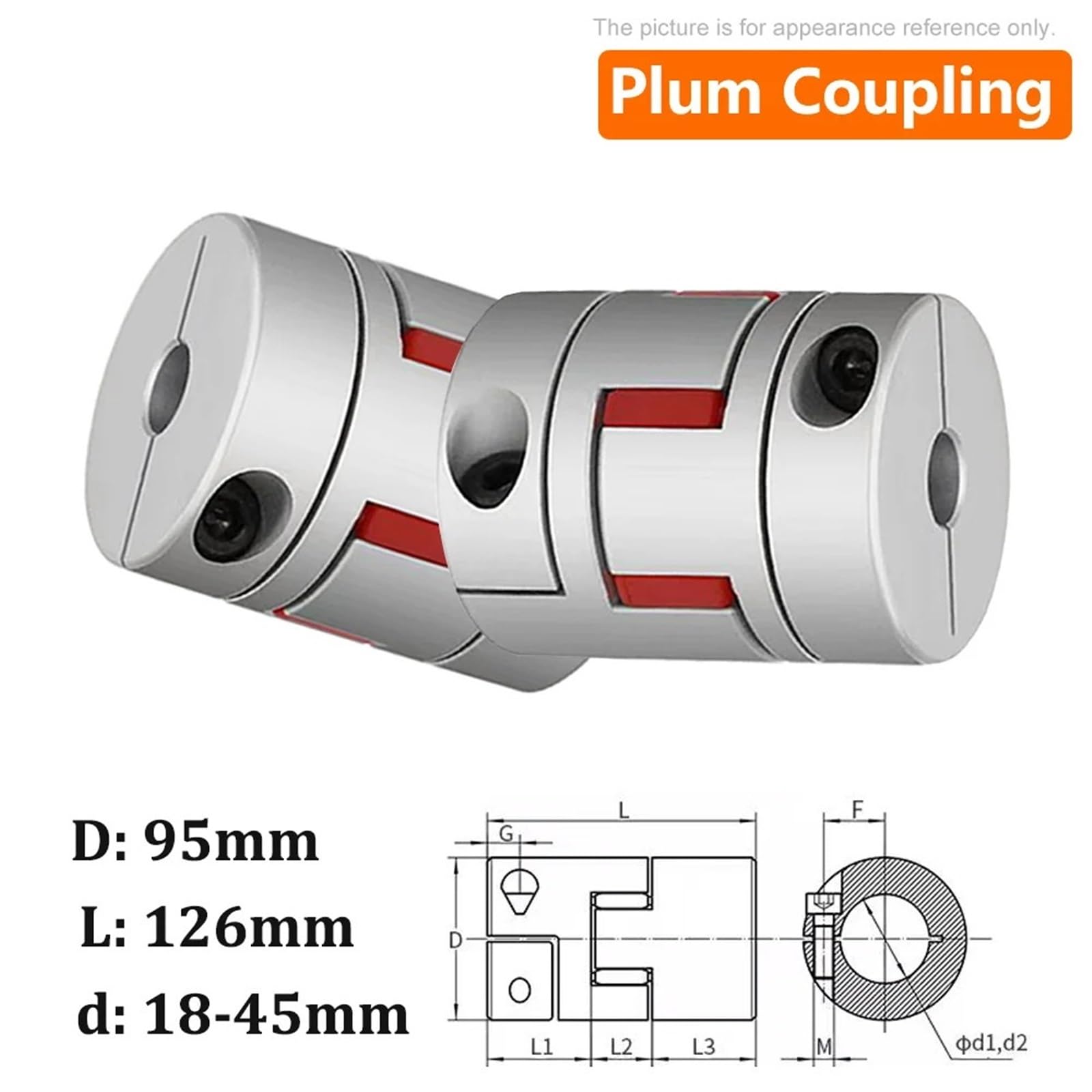1 Stück LM-Serie, 1 Stück D95 L126 Flexible Pflaumenklemmkupplung D95L126 Wellengröße CNC Jaw Wellenkupplung 18 mm - 45 mm Paare(28x40mm)