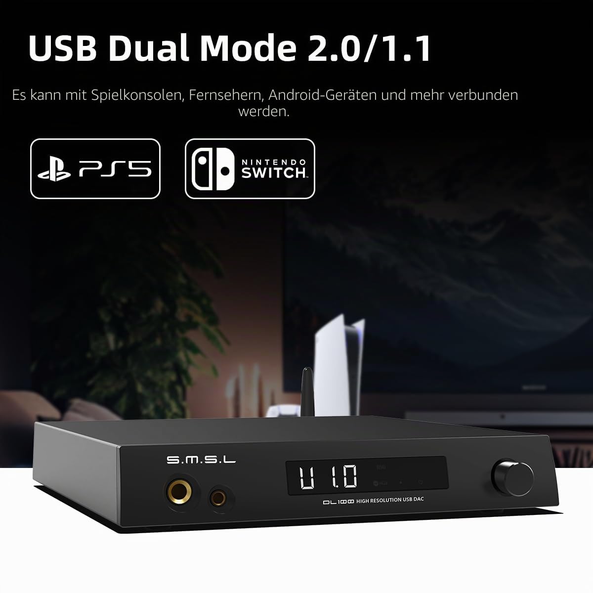 SMSL DL100 Audio-Decoder-Kopfhörer-Verstärker, 4 x CS43131-Chip, HDMI (ARC) kann für TV, Dual-Modus-ISB, 6,35 mm + 4,4 mm Dual-Kopfhörer-Ausgang, XLR-symmetrisch + Cinch-Ausgang, voll funktionsfähige