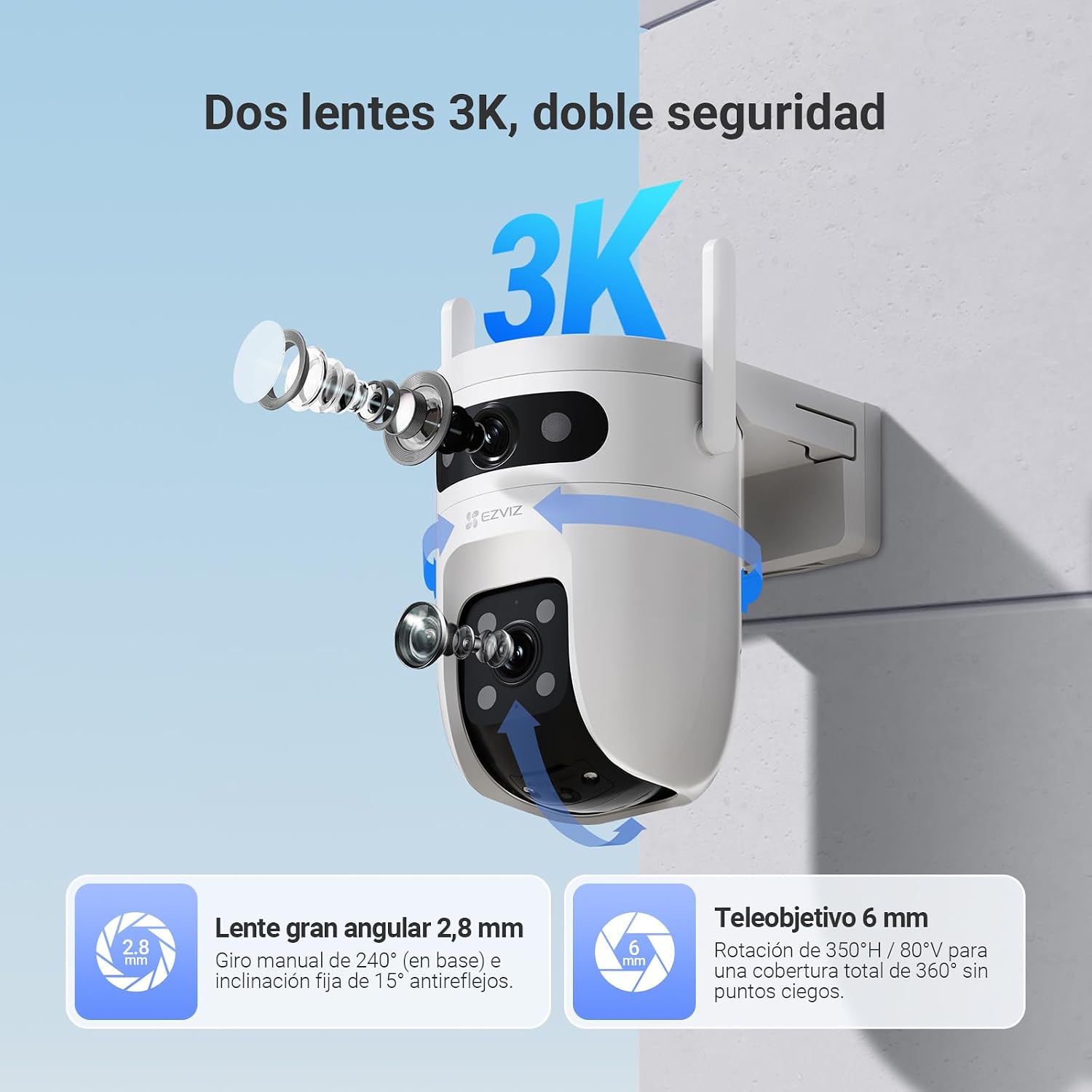 EZVIZ C9C Cámara de Vigilancia Exterior 3K con Doble Lente (5MP+5MP), Cobertura 360°, Visión Nocturna en Color, IA Detección de Personas y Vehículos, Audio Bidireccional, Compatible con Alexa 4