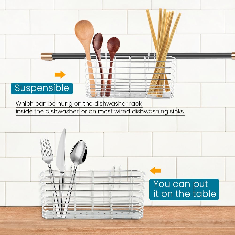 Soporte para utensilios de acero inoxidable 304, escurridor de platos con ganchos, soporte para utensilios para fregadero, cuchillo y tenedor, accesorios de cesta de drenaje de cocina (plateado