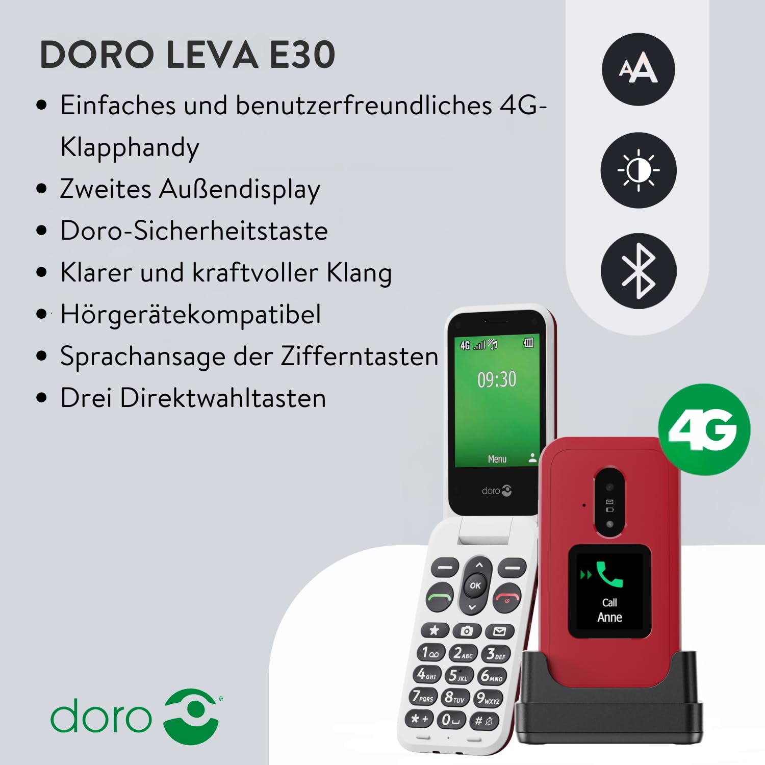 Doro Leva E30 - 4G Klapptelefon für ältere Menschen - Großer 2,8-Zoll-Bildschirm, externes Display, kontrastreiche Tasten, lauter & klarer Klang, Kamera - Doro Secure-Taste - Ladeschale - Schwarz/Weiß